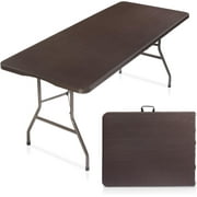 MarketLane 6 Foot Plastic Folding Table Portable Long Table for Indoor Outdoor Use Rectangular with Carrying Handle, Smooth HDPE Tabletop,Brown,6 ft